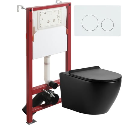 Унитаз подвесной безободковый Agger черный с инсталляцией, микролифт, кнопка смыва белая ATI03144+APB188