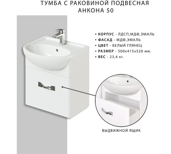 Подвесная тумба с раковиной ИТАНА Анкона 50 500х415х520 38570