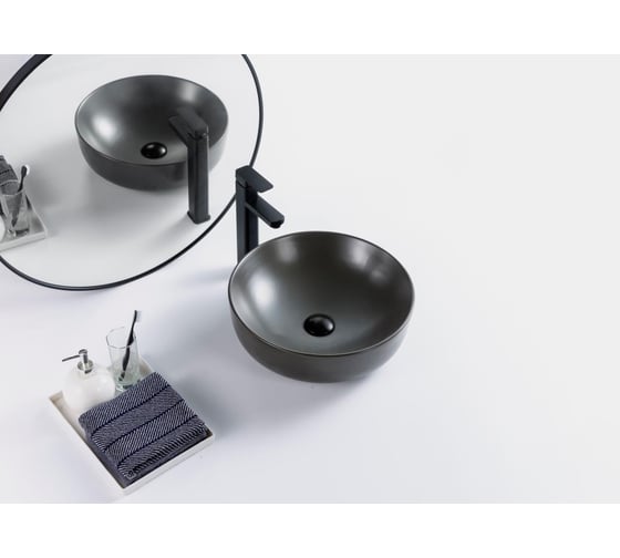 Керамическая накладная раковина BelBagno круглая, чёрная матовая BB1315-H301