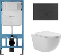 Система инсталляции для подвесного унитаза, Aqueduto AQD комплект: TECNICA CIRCULO Панель смыва, черный матовый, OVO Унитаз подвесной 525х360 безободковый, сиденье с микролифтом, белый глянцевый AQDS020