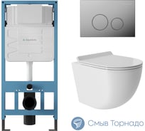 Система инсталляции для подвесного унитаза, Aqueduto AQD комплект: TECNICA CIRCULO Панель смыва, хром, OVO Унитаз подвесной 490х360 безободковый, Tornado, сиденье с микролифтом, белый глянцевый AQDS007T