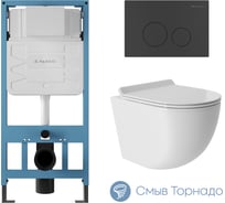 Система инсталляции для подвесного унитаза, Aqueduto AQD комплект: TECNICA CIRCULO Панель смыва, черный матовый, OVO Унитаз подвесной 480х360 безободковый, Tornado, сиденье с микролифтом, белый глянцевый AQDS004T