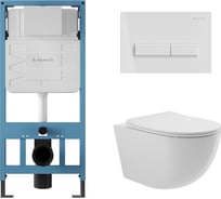 Система инсталляции для подвесного унитаза, Aqueduto AQD комплект: TECNICA RETANGULO Панель смыва, белый глянцевый, OVO Унитаз подвесной 525х360 безободковый, сиденье с микролифтом, белый глянцевый AQDS025