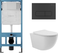 Система инсталляции для подвесного унитаза, Aqueduto AQD комплект: TECNICA FORMA Панель смыва, черный матовый, OVO Унитаз подвесной 525х360 безободковый, сиденье с микролифтом, белый глянцевый AQDS029