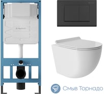 Система инсталляции для подвесного унитаза, Aqueduto AQD комплект: TECNICA QUADRADO Панель смыва, черный матовый, OVO Унитаз подвесной 490х360 безободковый, Tornado, сиденье с микролифтом, белый глянцевый AQDS013T