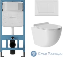 Система инсталляции для подвесного унитаза, Aqueduto AQD комплект: TECNICA QUADRADO Панель смыва, белый глянцевый, OVO Унитаз подвесной 490х360 безободковый, Tornado, сиденье с микролифтом, белый глянцевый AQDS010T