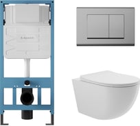 Система инсталляции для подвесного унитаза, Aqueduto AQD комплект: TECNICA QUADRADO Панель смыва, хром, OVO Унитаз подвесной 525х360 безободковый, сиденье с микролифтом, белый глянцевый AQDS024