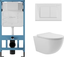 Система инсталляции для подвесного унитаза, Aqueduto AQD комплект: TECNICA QUADRADO Панель смыва, белый глянцевый, OVO Унитаз подвесной 525х360 безободковый, сиденье с микролифтом, белый глянцевый AQDS022