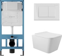 Система инсталляции для подвесного унитаза, Aqueduto AQD комплект: TECNICA QUADRADO Панель смыва, белый глянцевый, MACIO Унитаз подвесной 520х370 безободковый, сиденье с микролифтом, белый глянцевый AQDS012