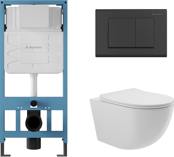 Система инсталляции для подвесного унитаза, Aqueduto AQD комплект: TECNICA QUADRADO Панель смыва, черный матовый, OVO Унитаз подвесной 525х360 безободковый, сиденье с микролифтом, белый глянцевый AQDS023 1