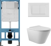 Система инсталляции для подвесного унитаза, Aqueduto AQD комплект: TECNICA QUADRADO Панель смыва, белый глянцевый, CONE Унитаз подвесной 525х360 безободковый, сиденье с микролифтом, белый глянцевый AQDS011