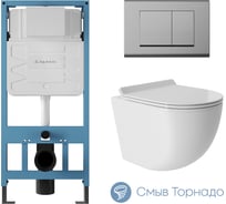 Система инсталляции для подвесного унитаза, Aqueduto AQD комплект: TECNICA QUADRADO Панель смыва, хром, OVO Унитаз подвесной 490х360 безободковый, Tornado, сиденье с микролифтом, белый глянцевый AQDS016T