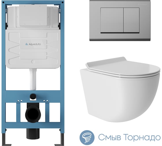 Система инсталляции для подвесного унитаза, Aqueduto AQD комплект: TECNICA QUADRADO Панель смыва, хром, OVO Унитаз подвесной 490х360 безободковый, Tornado, сиденье с микролифтом, белый глянцевый AQDS016T 1