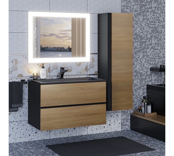 Тумба с раковиной для ванной uperwood Barsa_80 см, раковина черный глянец, подвесная тумба черная/дуб сонома 298301043