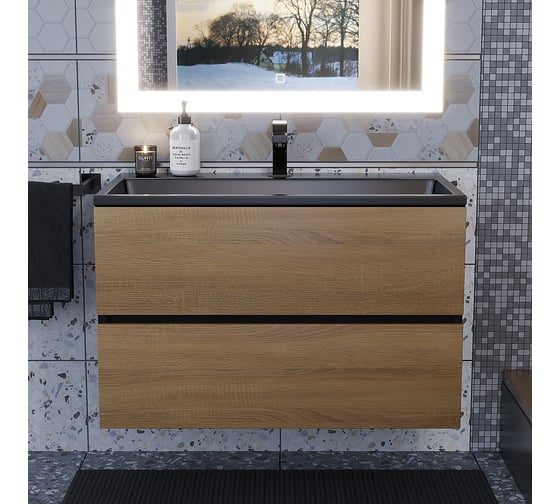 Тумба с раковиной для ванной uperwood Barsa_80 см, раковина черный глянец, подвесная тумба черная/дуб сонома 298301043
