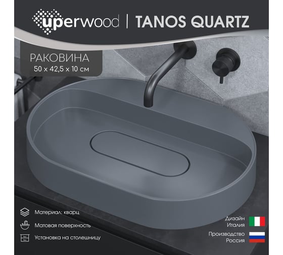 Раковина для ванной накладная кварцевая uperwood Tanos Quartz_55 см, овальная, с декоративной накладкой, без отверстия для смесителя, бетон RTanosQuartz55B
