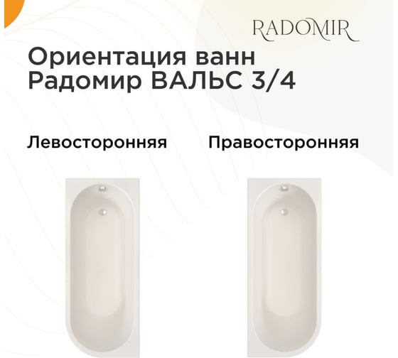 Акриловая ванна Радомир ВАЛЬС 3/4 170x70 (правое исполнение), рама-подставка, фронтально-торцевая панель, слив-перелив автомат с сеточкой (хром, с сифоном) 1-01-2-2-1-338К