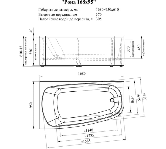 Акриловая ванна Радомир РОНА 168x95 (левое исполнение), рама-подставка, фронтально-торцевая панель, слив-перелив автомат с сеточкой (хром, с сифоном) 1-01-2-1-1-344К