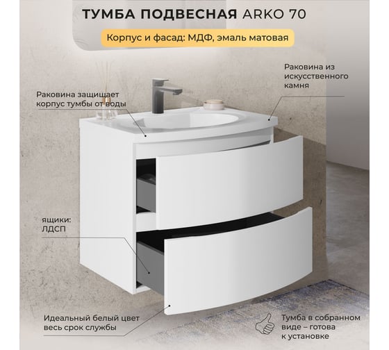 Тумба с раковиной подвесная ИТАНА с радиусными фасадами Arko 70 2 ящика 4657836461923