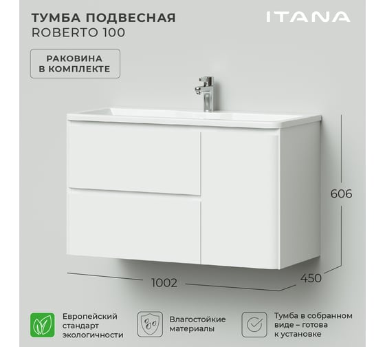 Тумба с раковиной в ванную подвесная ИТАНА Roberto 2Я 1С 100 1002х450х606 Эмаль Белый глянец 4657828216654