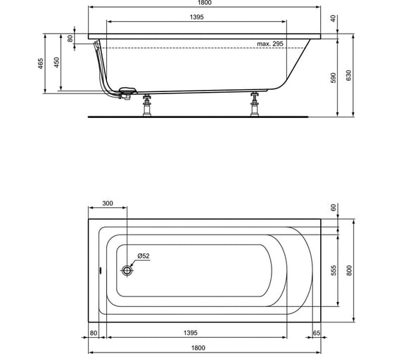 Прямоугольная ванна Ideal Standard K274801 HOTLINE 180х80 см, для встраиваемой установки 00054003