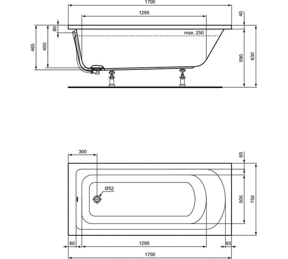 Прямоугольная ванна Ideal Standard K274601 HOTLINE 170х75 см для встроенной установки, без ножек 00053826