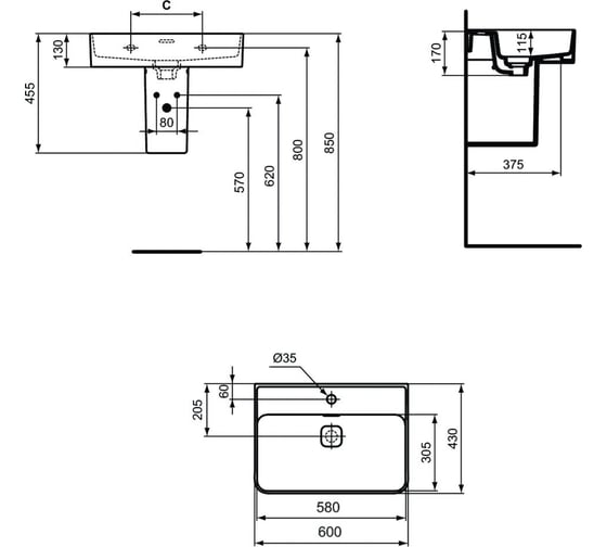 Умывальник Ideal Standard T300001 STRADA II 60 см для монтажа с одним смесителем 00052609