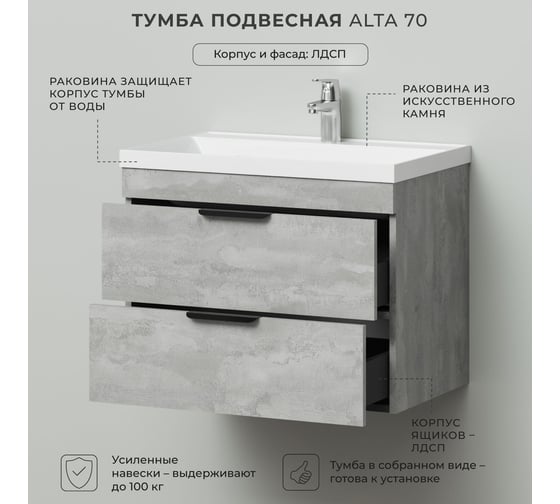 Тумба с раковиной подвесная IKA Alta 70 699х448х560 мм, бетонный камень, под умывальник Clarissa 70 4657834378964
