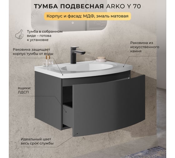 Тумба с раковиной подвесная ИТАНА с радиусным фасадом Arko Y 70 1 ящик Эмаль Графит 4657836463576