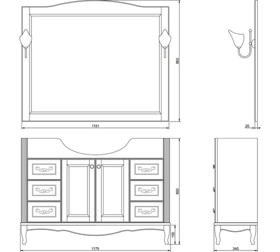 Комплект: тумба с умывальником ValenHouse ЭЛЛИНА-120 слоновая кость, ручки бронза КE120_ТСБ