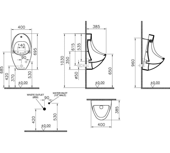 Писсуар VitrA Arkitekt гор.выпуск, сенсорное управление, сеть, белый 4106B003-5598