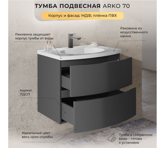 Тумба с раковиной подвесная ИТАНА с радиусными фасадами Arko 70 2 ящика Графит 4657836463750
