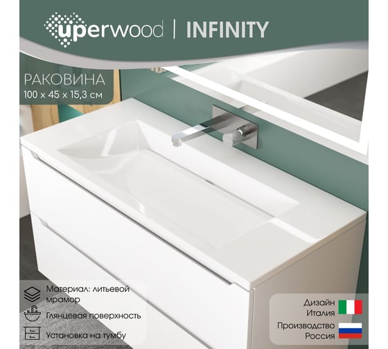 Раковина для ванной полувстраиваемая Uperwood Infinity_100 см, белая глянцевая, без отверстия для смесителя RInfinity100wg0