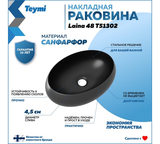 Раковина для ванной накладная Teymi Laina 48 черная матовая T51302 ЦБ-00270800