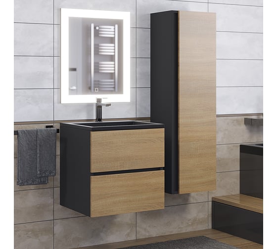 Тумба с раковиной для ванной uperwood Barsa_50 см, раковина черный глянец, подвесная тумба черная/дуб сонома 298301040