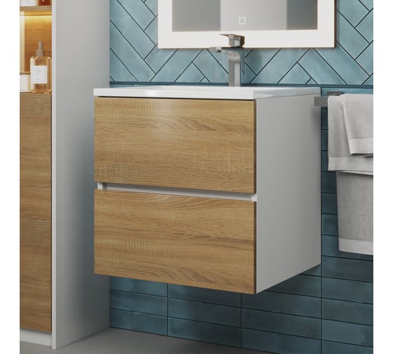 Тумба с раковиной для ванной uperwood Barsa_50 см, раковина белая, подвесная тумба белая/дуб сонома 29830205646