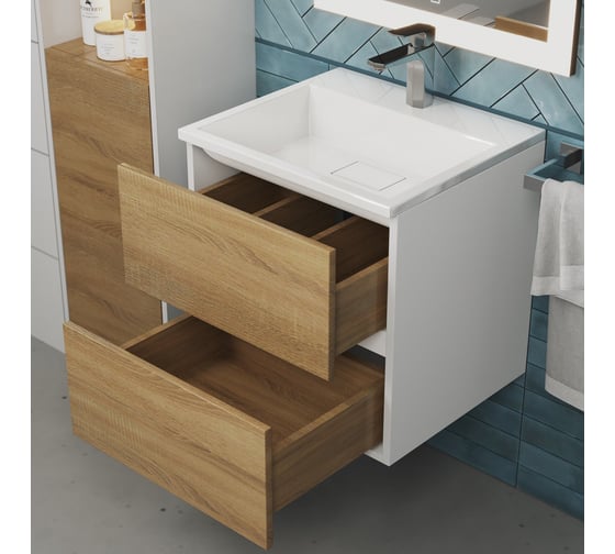 Тумба с раковиной для ванной uperwood Barsa_50 см, раковина белая, подвесная тумба белая/дуб сонома 29830205646