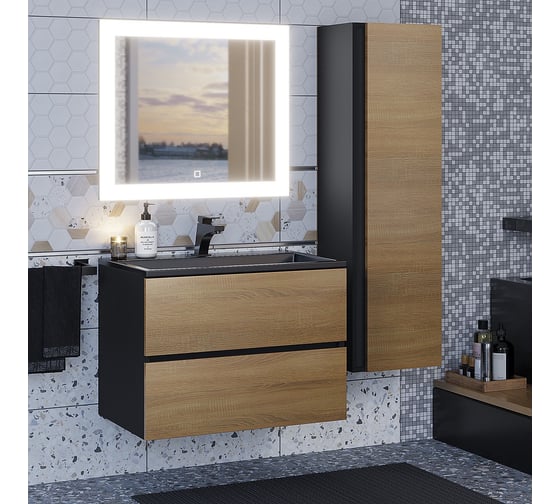 Тумба с раковиной для ванной uperwood Barsa_70 см, раковина черный глянец, подвесная тумба черная/дуб сонома 298301042