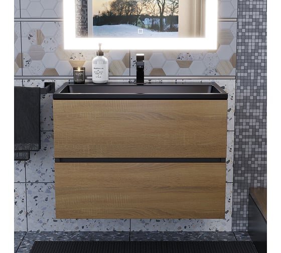 Тумба с раковиной для ванной uperwood Barsa_70 см, раковина черный глянец, подвесная тумба черная/дуб сонома 298301042