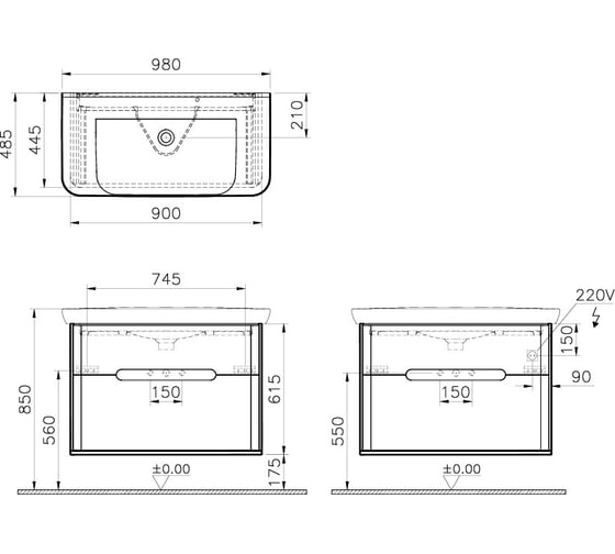 Тумба+раковина Vitra Sento 100см, 2 ящика, LED, матовый антрацит 60838