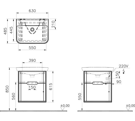 Тумба+раковина Vitra Sento 65см, 2 ящика, LED, матовый антрацит 60834