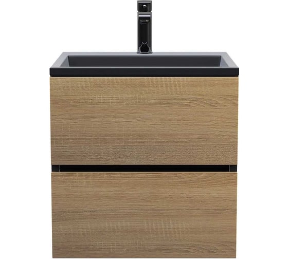 Тумба с раковиной для ванной uperwood Barsa 60 см, раковина черный глянец, подвесная тумба черная/дуб сонома 298301041