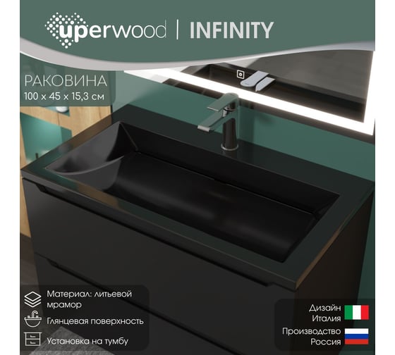 Раковина для ванной полувстраиваемая uperwood Infinity 100 см, прямоугольная, черная глянцевая RInfinity100bg