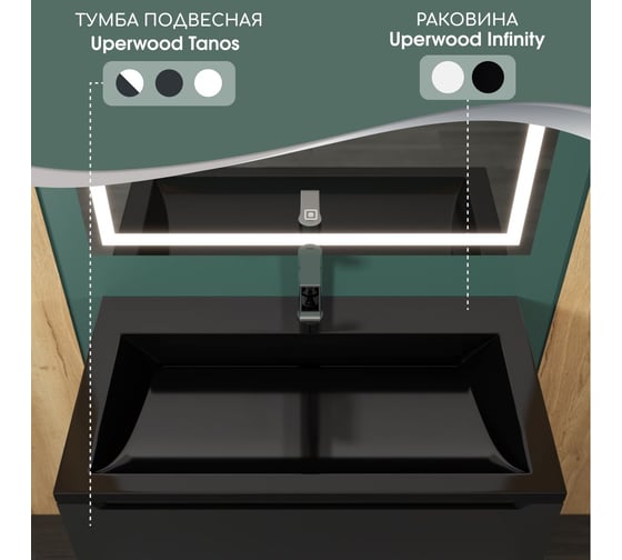 Раковина для ванной полувстраиваемая uperwood Infinity 100 см, прямоугольная, черная глянцевая RInfinity100bg