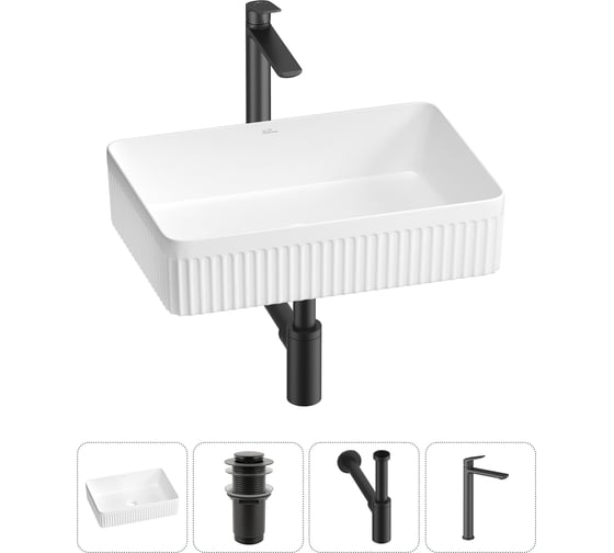 Набор Wellsee 4 в 1 Festive Fox 2.0 накладная раковина 50x35 см, донный клапан, сифон, смеситель 20213523R 1