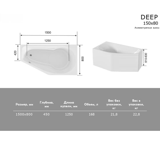 Ванна 1Marka DEEP 150x80 L 01ди1580л