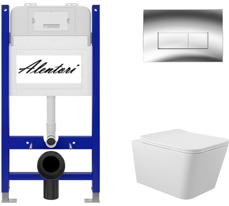 Комплект Alentori: инсталляция для унитаза SISTEMA 50 AL.SIS33T с клавишей смыва CHIAVE H, хром глянец AL.CHI202CH + унитаз 520x370 безободковый, Soft-Close, белый матовый, форма квадрат AL.SIS33TAL.CHI202CHQ0120