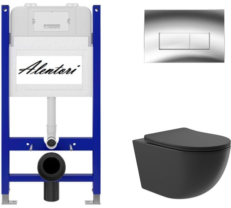 Комплект Alentori: инсталляция для унитаза SISTEMA 50 AL.SIS33T с клавишей смыва CHIAVE H, хром глянец AL.CHI202CH + унитаз 525x360 безободковый, Soft-Close, черный матовый, форма овал AL.SIS33TAL.CHI202CHO0140