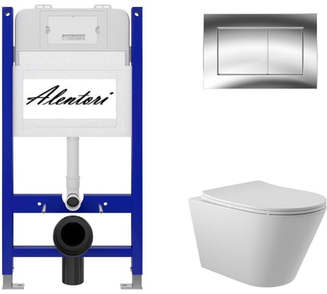 Комплект Alentori: инсталляция для унитаза SISTEMA 50 AL.SIS33T с клавишей смыва CHIAVE A, хром глянец AL.CHI012CH + унитаз 525x360 безободковый, Soft-Close, белый матовый, форма конус AL.SIS33TAL.CHI012CHC0120