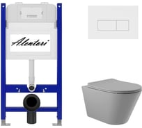 Комплект Alentori: инсталляция для унитаза SISTEMA 50 AL.SIS33T с клавишей смыва CHIAVE H, белый матовый AL.CHI018WM + унитаз 525x360 безободковый, Soft-Close, серый матовый, форма конус AL.SIS33TAL.CHI018WMC0130